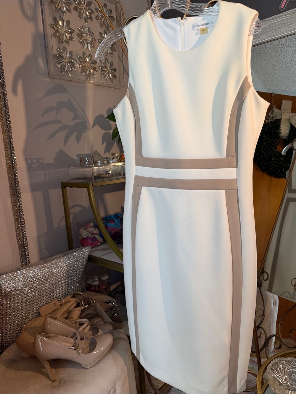 Calvin Klein Ivory Midi Sheath Dress with Taupe Panels